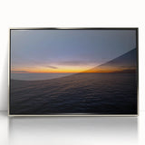 Mid-century modernist art depicting New Brunswick scenery in muted earth tones, framed in silver acrylic.