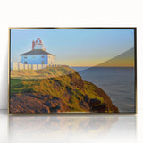 Acrylic print of a Newfoundland scenery in gold frame, featuring muted earth tones, ideal for modern art wall decor.
