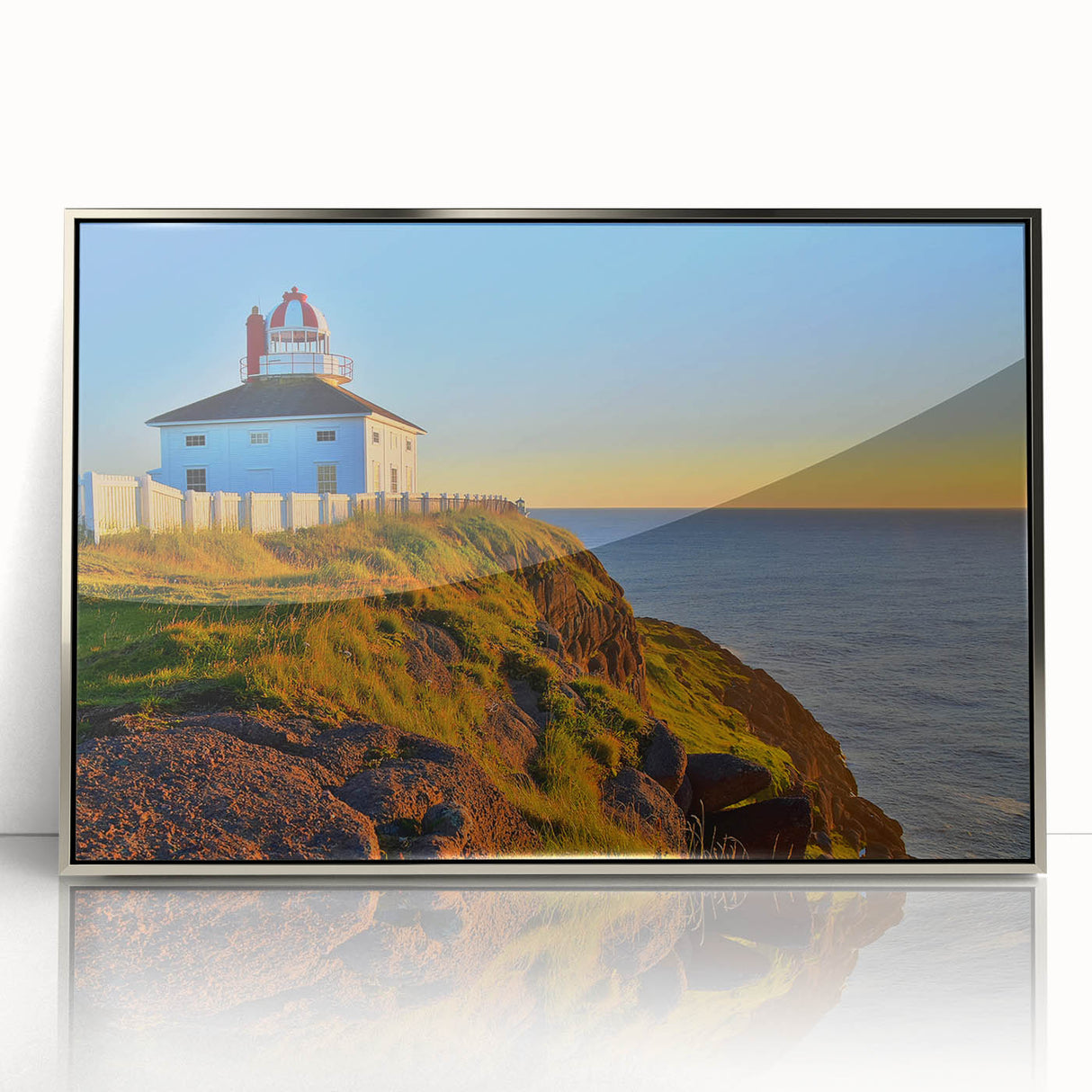 Mid-century modernist acrylic print depicting Newfoundland scenery in muted earth tones, ideal for modern art wall decor.