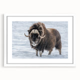 Abstract art print of Northwest Territories scenery in muted blue and green tones on a white framed canvas.