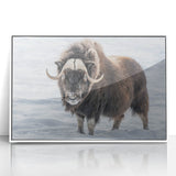 Art deco poster of Northwest Territories scenery in muted green and white tones, framed acrylic.