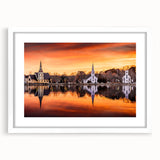 Abstract art print of Nova Scotia scenery in muted blues and greens on a framed canvas, ideal for dining room decor.