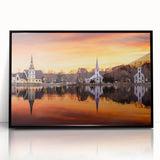 Large abstract wall art of Nova Scotia scenery in muted blue and green tones, framed in black acrylic.