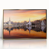 Large art print of Nova Scotia scenery in muted earth tones, framed in gold acrylic, suitable for modern art wall decor.