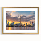 Extra large abstract art print of Ontario scenery, featuring textured brush strokes in muted earth tones, framed in gold.