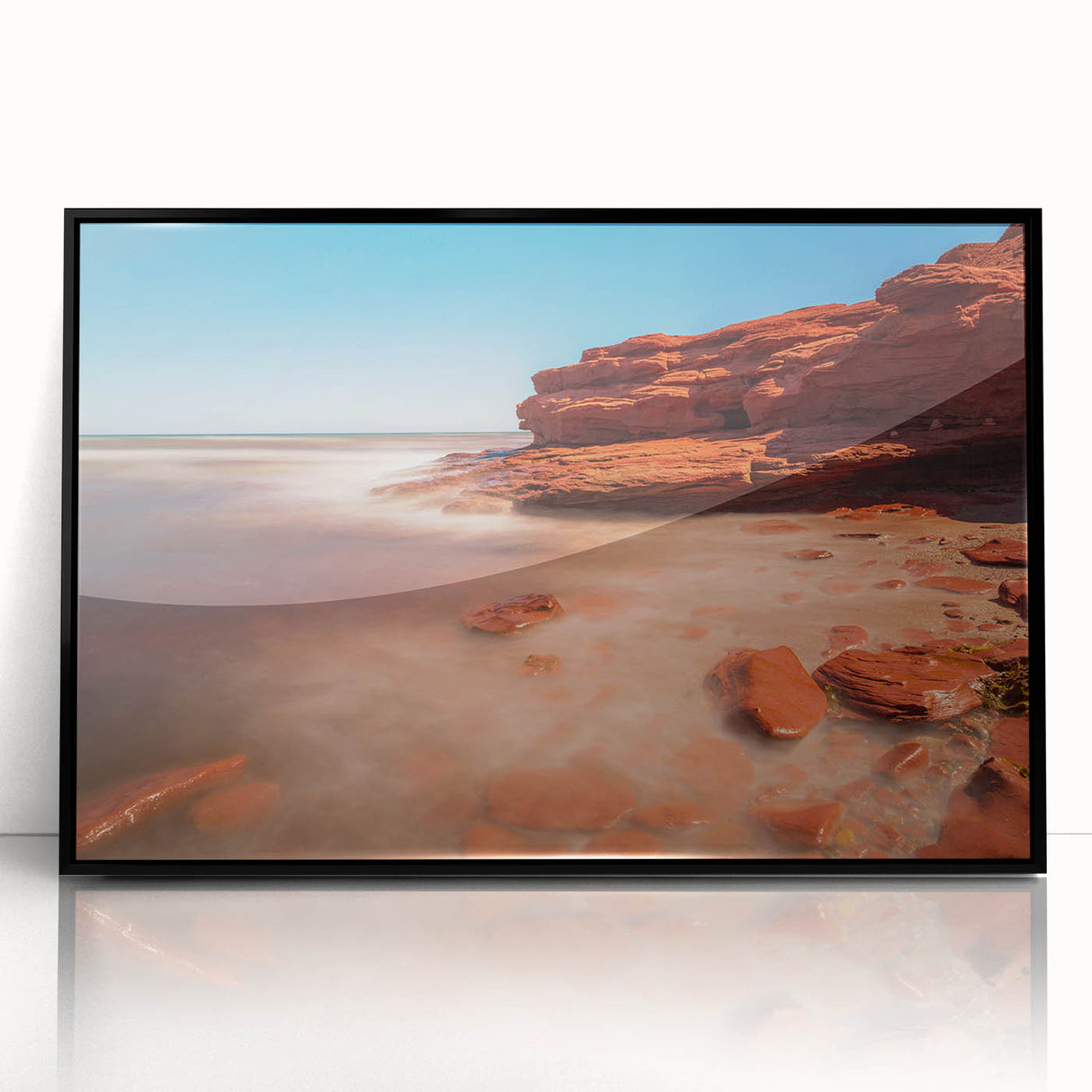Large abstract wall art depicting a stylized Prince Edward Island scenery in black and white tones on a framed acrylic.