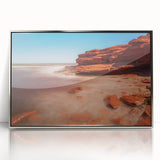 Mid-century modernist art depicting Prince Edward Island landscape in muted earth tones, framed acrylic.