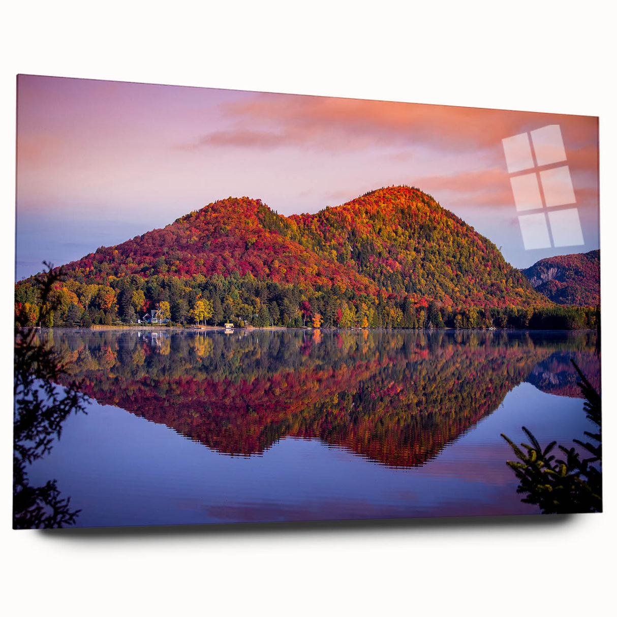 Large abstract wall art depicting a serene Quebec landscape in muted earth tones, printed on acrylic glass.