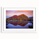 Abstract art print of a Quebec scenery in muted blue and green tones on a white framed canvas.