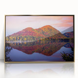 Large art print of Quebec scenery in mid-century modernist style with muted earth tones, framed in gold acrylic.