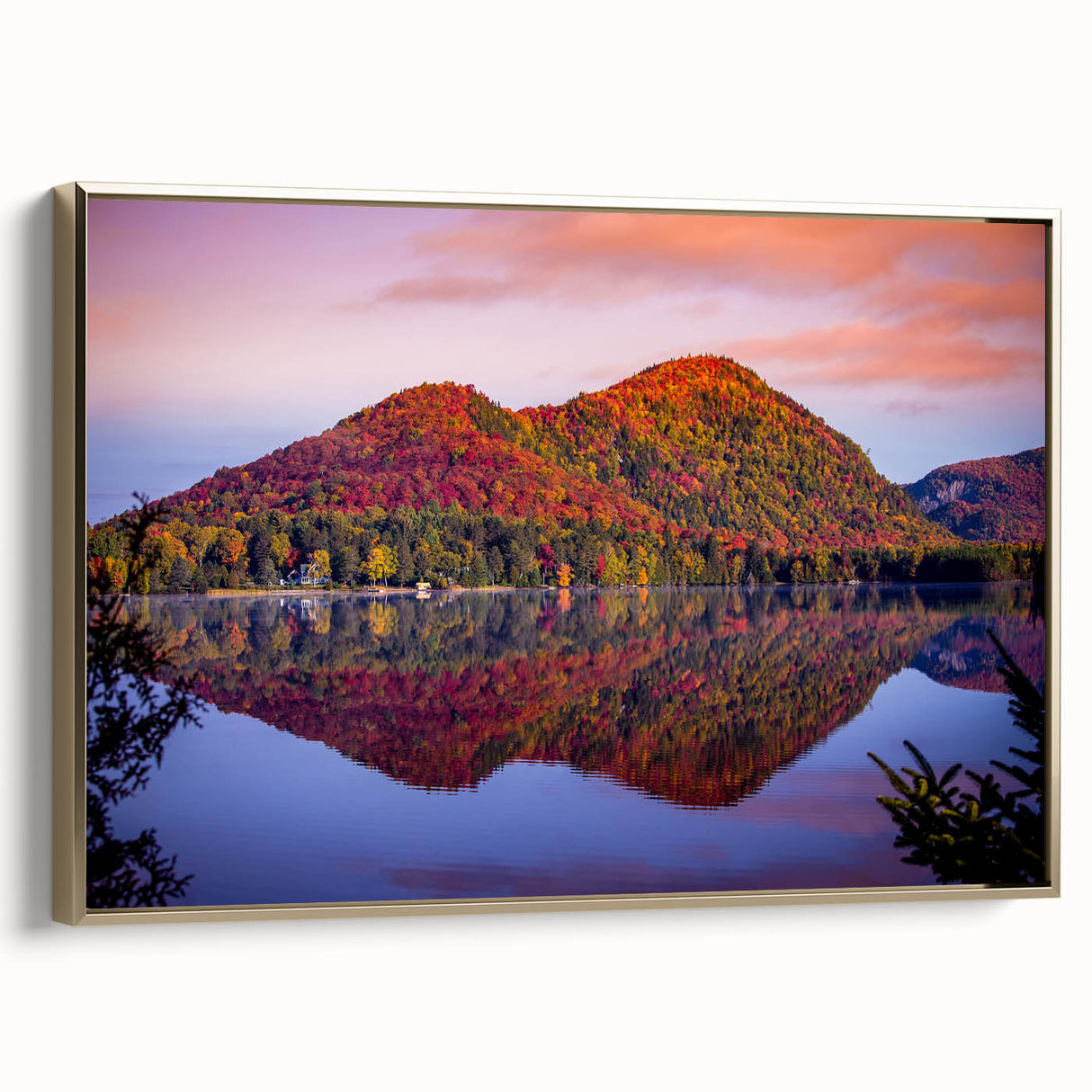 Framed canvas depicting a vintage-style landscape of Quebec with muted gold and black tones, ideal for bedroom wall art.