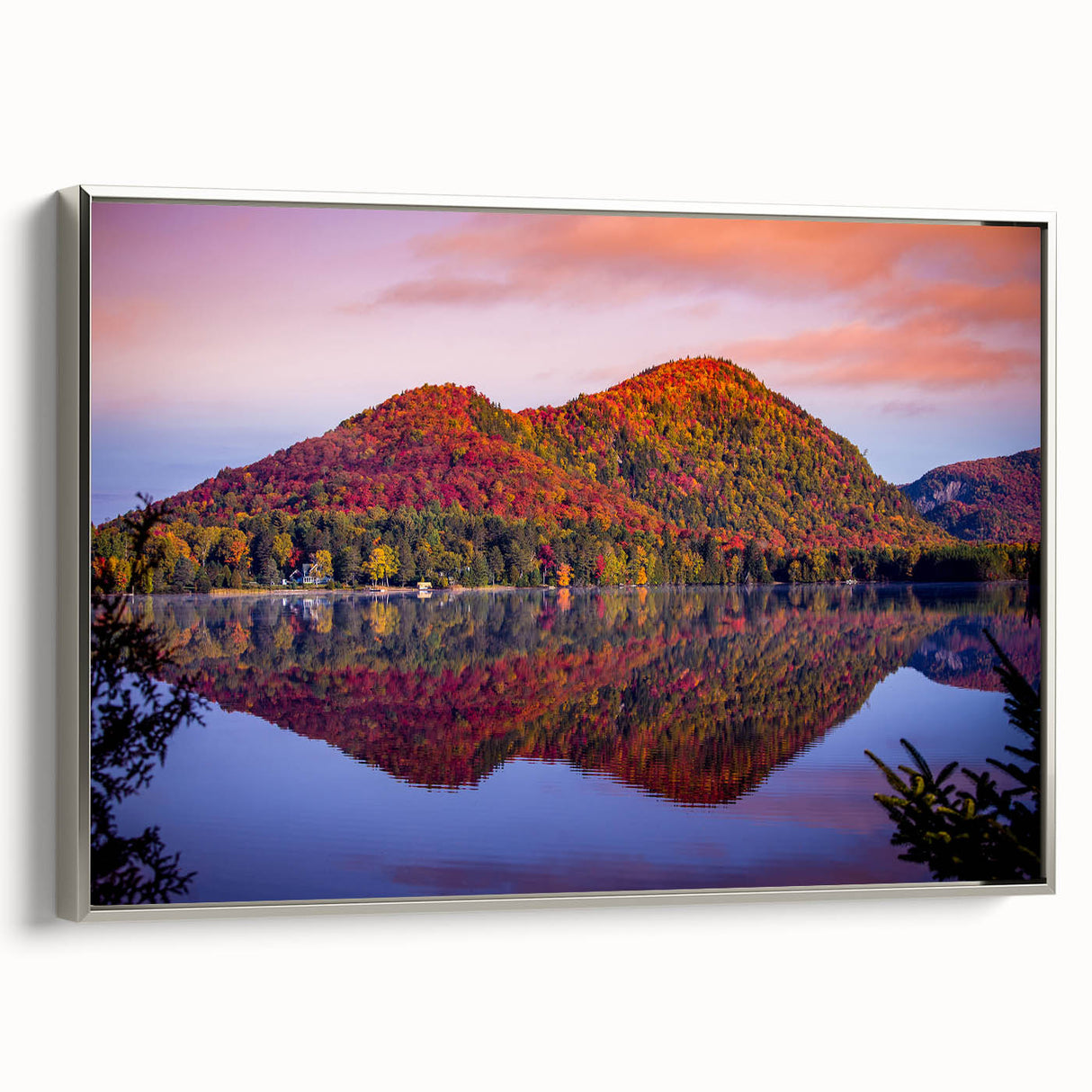 Landscape art painting of Quebec scenery in colorful hues on framed canvas, ideal for living room decor.