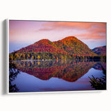 Vintage poster art of Quebec scenery in vibrant colors on a white framed canvas, ideal for living room decor.