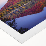 Art deco poster of Quebec scenery in muted blue and green tones on rolled canvas, suitable for dining room wall art.