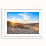 Abstract art print of Saskatchewan scenery in muted earth tones on a framed white mat, ideal for dining room decor.
