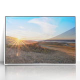 Art deco poster of Saskatchewan scenery with muted earth tones on a framed acrylic.