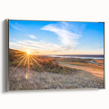 Framed canvas depicting a vintage-style landscape painting of Saskatchewan, featuring colorful art on a black background.