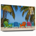 Large abstract wall art of Caribbean scenery on acrylic glass, featuring vivid ocean and sky hues.