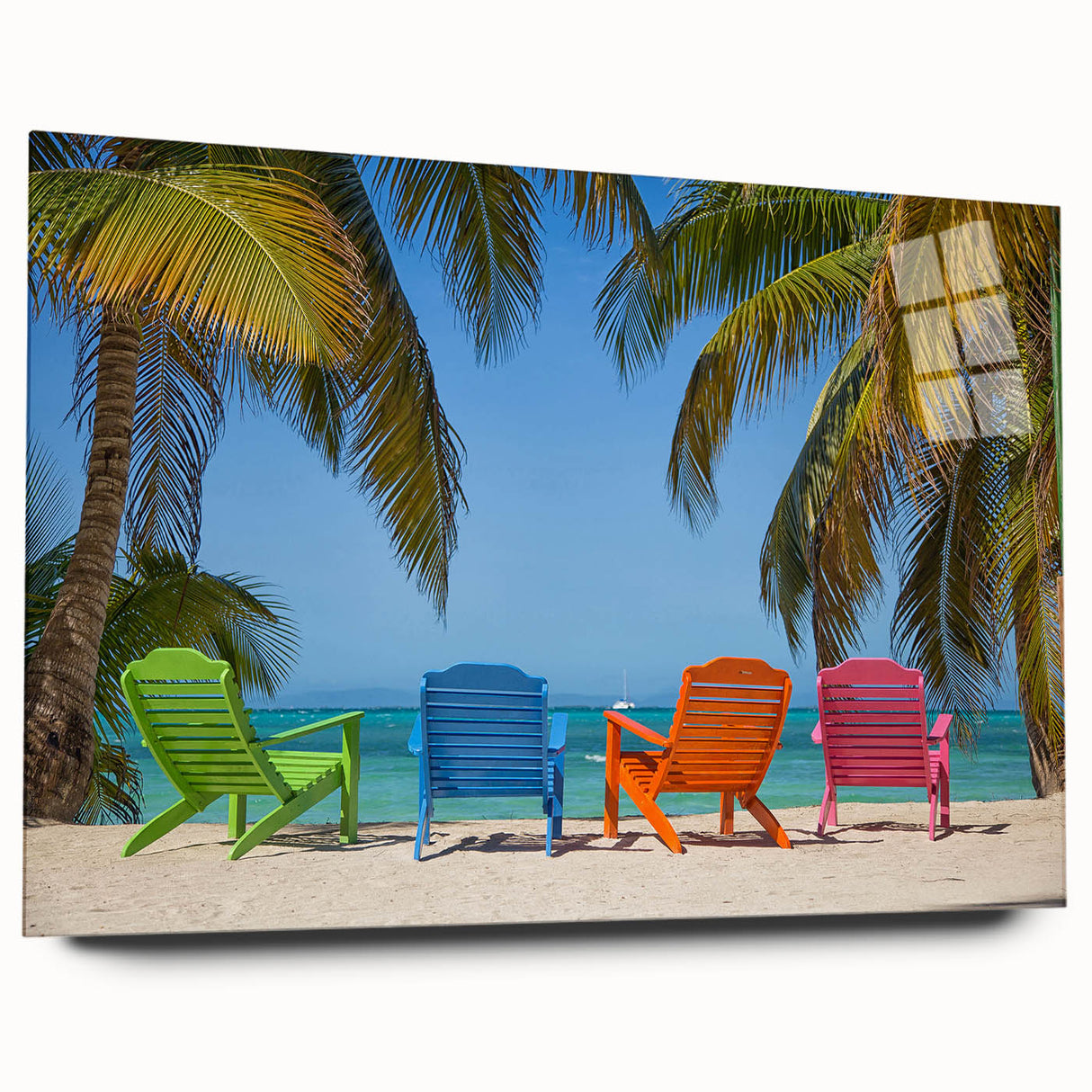 Large abstract wall art depicting Caribbean scenery in vibrant blues and greens on acrylic glass.
