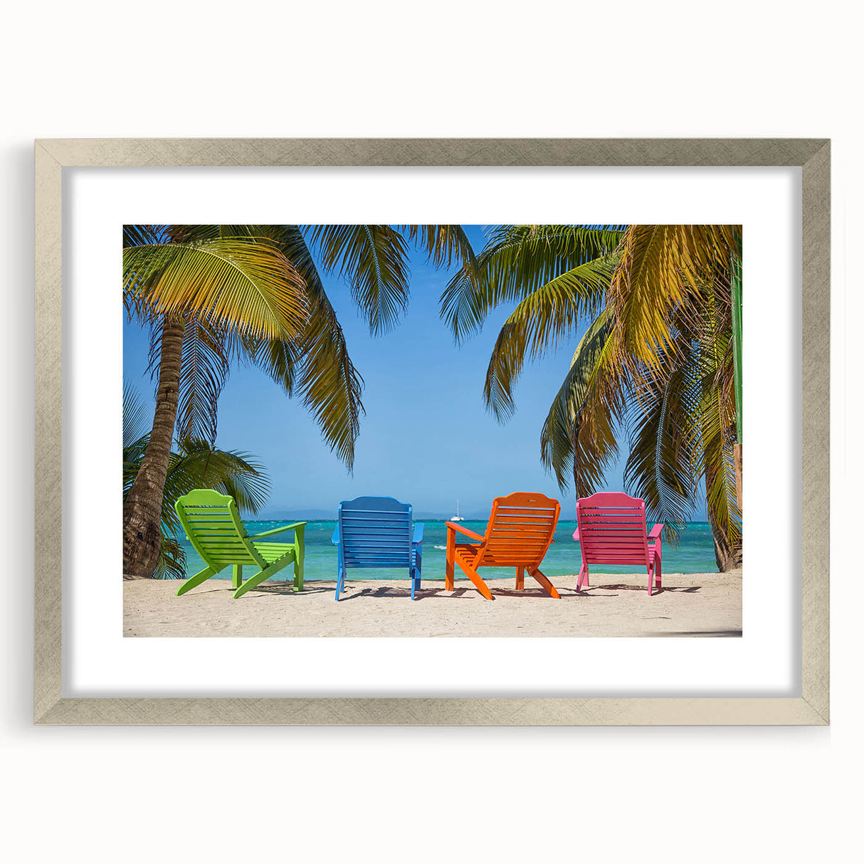 Textured abstract art print of Caribbean scenery in muted blue and green tones on a framed silver mat.