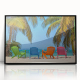 Large abstract wall art depicting Caribbean scenery on a framed acrylic, with a palette of blues and greens.