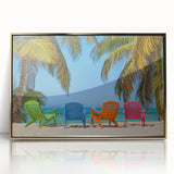 Mid-century modernist style Caribbean scenery on framed acrylic, with vibrant blue and green tones.