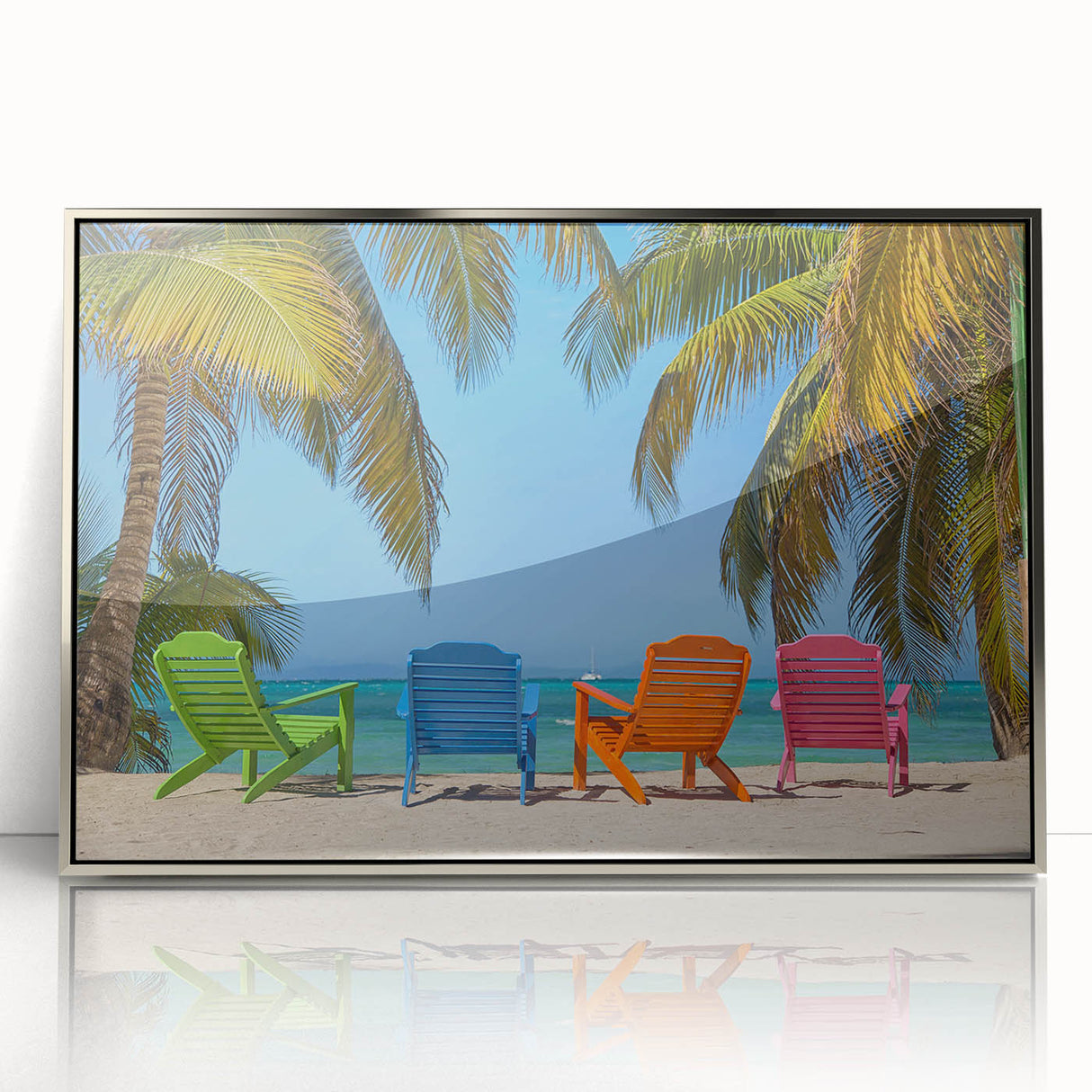 Mid-century modernist art of a Caribbean beach scene in pastel shades on a framed acrylic, ideal for nursery wall art.