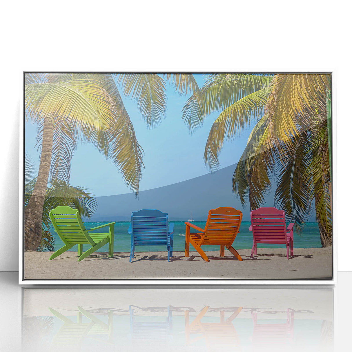 Art deco poster of Antigua scenery on white framed acrylic, featuring serene blue and green tones.
