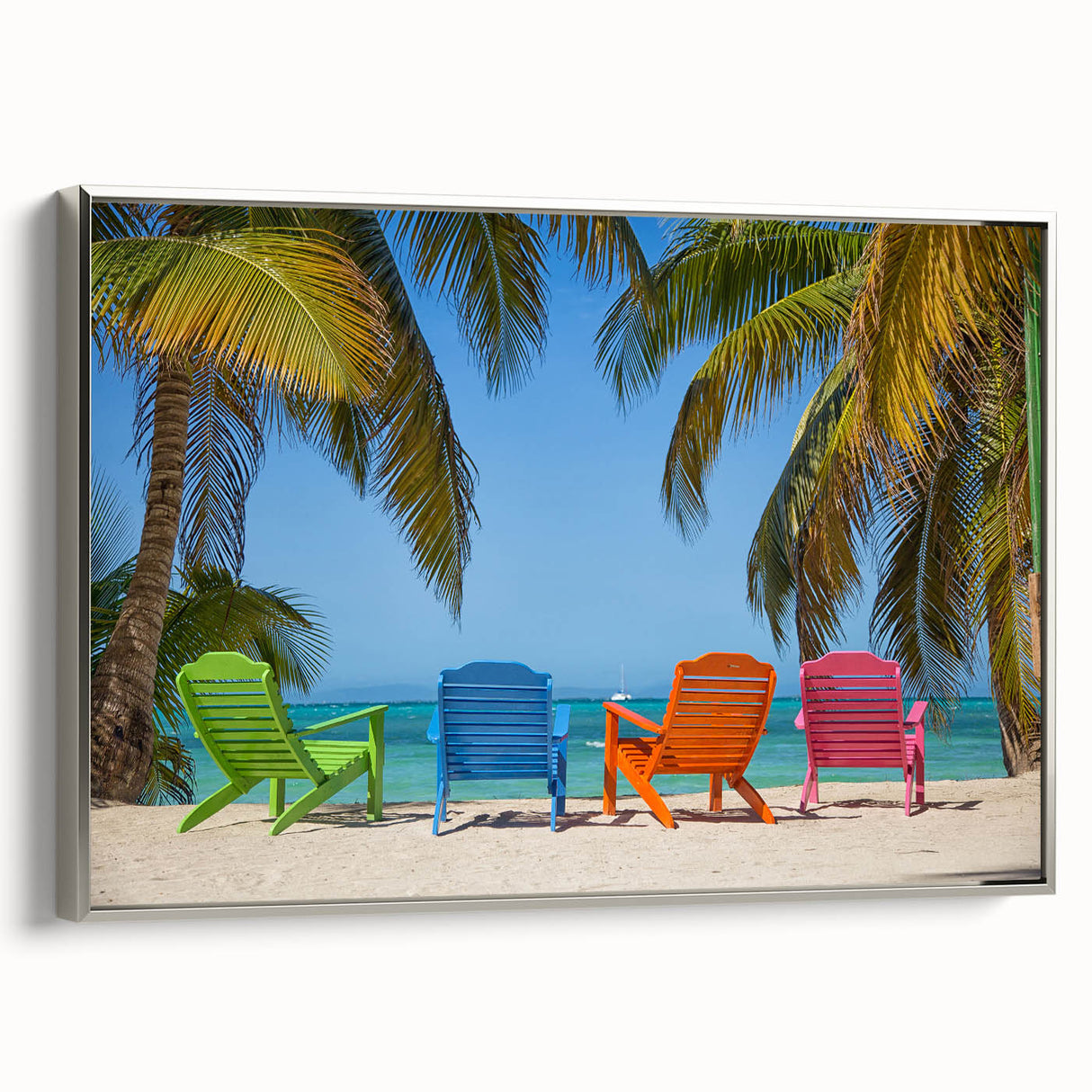 Landscape art painting of Antigua with colorful scenery on silver-framed canvas, suitable for living room decor.