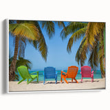 Vintage poster art of a Caribbean scene on framed canvas, featuring vibrant blues and greens, ideal for living room decor.