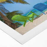 Art deco poster of Caribbean Antigua scenery on rolled canvas, featuring vibrant blue and green tones.