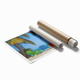 Extra large rolled print of a Caribbean beach with vibrant blue sea and sky, ideal for classy bathroom wall art.