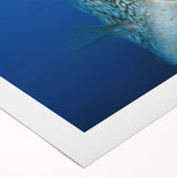 Art deco poster of a Caribbean scenery in muted blue and green tones on rolled canvas, ideal for dining room wall art.