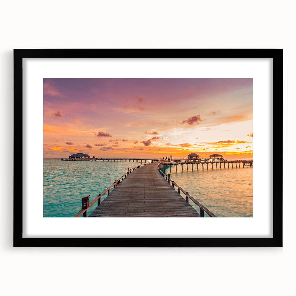 Extra large abstract art print of a colorful Caribbean scene on textured canvas, framed in black.