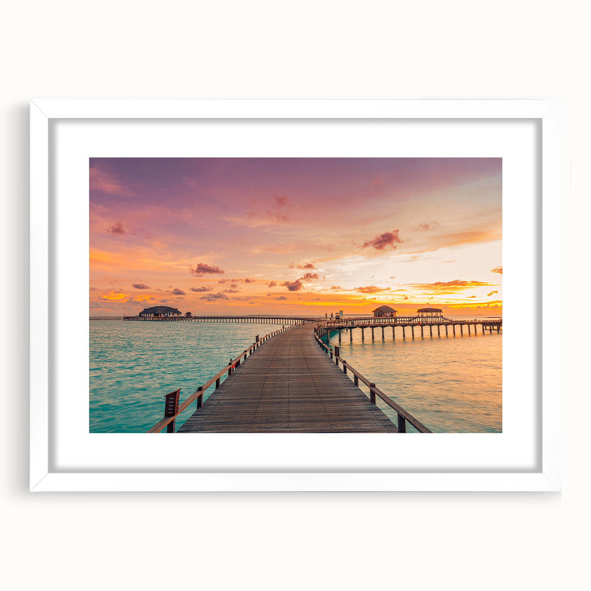 Textured art of abstract Caribbean scenery in muted blue and green tones, framed with a white mat.