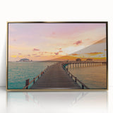 Acrylic print of a Caribbean scenery in muted gold and blue tones, framed in gold, suitable for modern art wall decor.