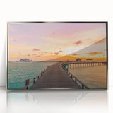 Large art print featuring a serene Bahamas beach scene in pastel shades, framed in silver acrylic.