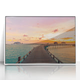 Mid-century modernist art depicting a serene Caribbean scenery in muted blue and green tones, framed acrylic.