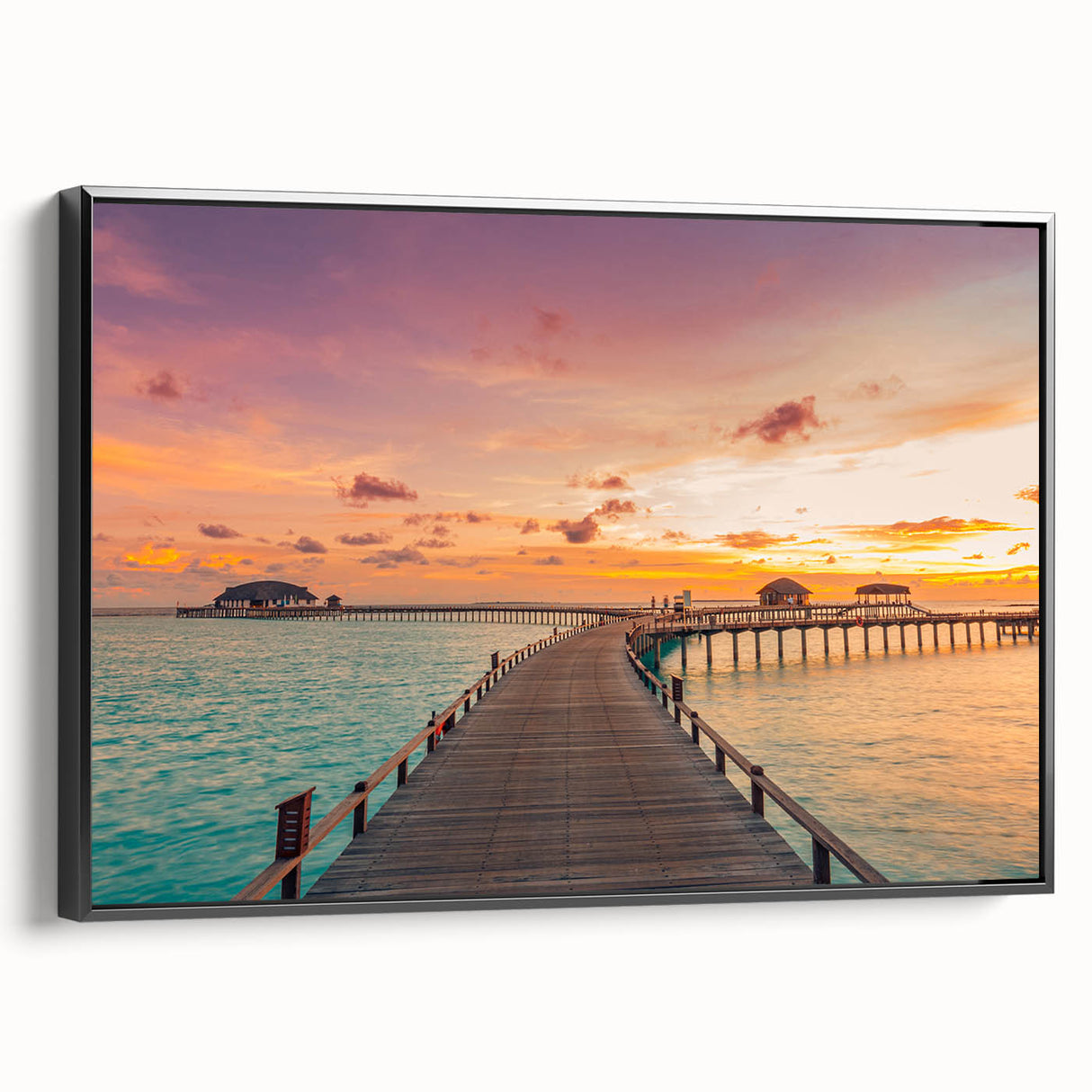 Black and white framed canvas of a Caribbean landscape, ideal for bedroom wall art.