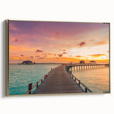 Framed canvas depicting a serene Caribbean landscape with muted blue and green tones, ideal for bedroom wall art.
