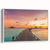 Vintage poster art of a Caribbean Bahamas scenery on a framed canvas with vibrant colors, ideal for living room decor.
