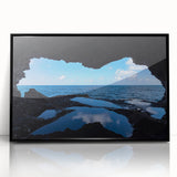 Large abstract wall art depicting a Caribbean scenery on black framed acrylic, ideal for modern living room decor.
