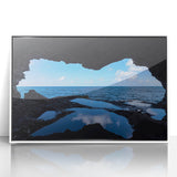 Mid-century modernist art depicting a Caribbean Barbados scenery in muted tropical hues on a framed acrylic print.