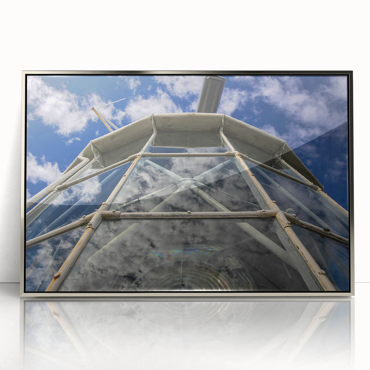 Large acrylic print of a Caribbean beach scene in pastel shades, framed in silver, ideal for modern art wall decor.