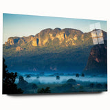 Large abstract wall art of Caribbean scenery in vibrant blue and green tones on acrylic glass.