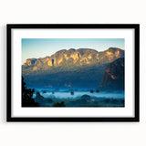 Extra large abstract art print of a vibrant Caribbean scenery on textured canvas, framed in black.