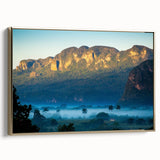 Framed canvas featuring a vintage-style Caribbean landscape with muted gold and black tones, ideal for bedroom wall decor.