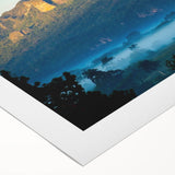 Art deco poster of a vintage Caribbean scene in muted blue and green tones on rolled canvas, ideal for dining room decor.