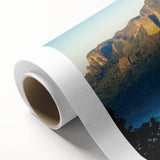 Art deco poster of a Caribbean scene in pastel blues and pinks on rolled canvas, ideal for nursery wall art.