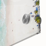 Large abstract wall art depicting a Caribbean scene in vibrant blues and greens, acrylic print, ideal for dining room art.